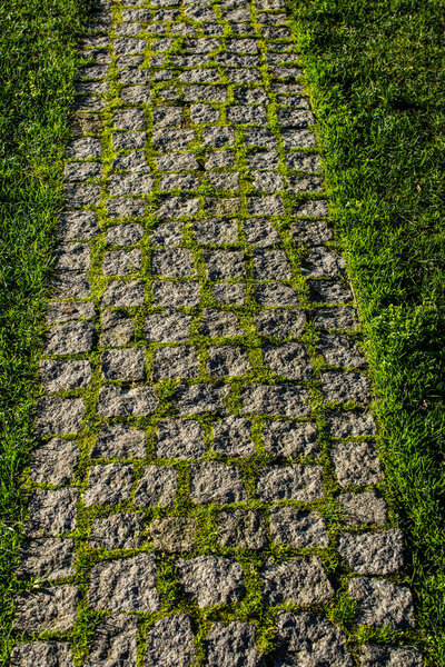 Cobblestone stone pavement background texture on the street