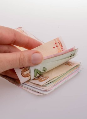 Turksh Lirası banknotlar beyaz arka plan üzerinde tutan el