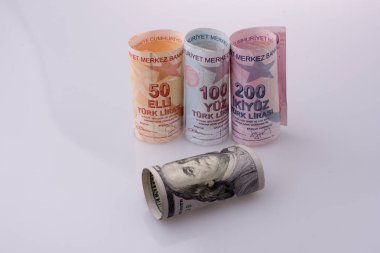 Amerikan Doları banknot ve Turksh Lirası banknot beyaz arka plan üzerinde yan yana