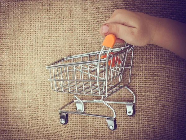 Carrinho Compras Mão Sobre Tela Fundo — Fotografia de Stock