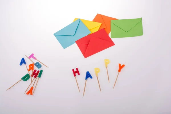 Envelopes Coloridos Velas Coloridas Paus Escrever Feliz — Fotografia de Stock