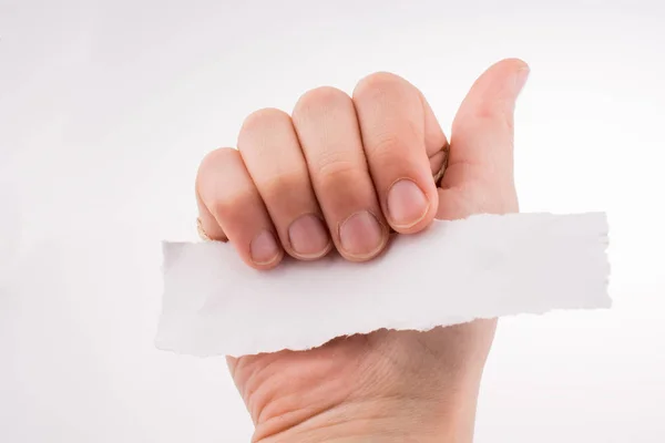 Mano Che Tiene Pezzo Carta Uno Sfondo Bianco — Foto Stock