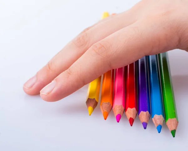 Crayons Couleur Main Placés Sur Fond Blanc — Photo