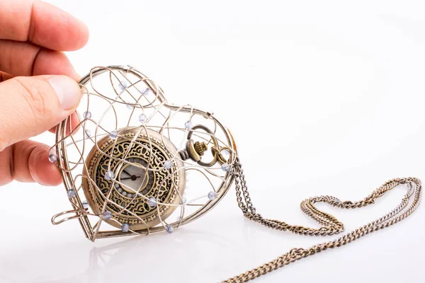 Pocket Watch Heart Shaped Metal Wire Cage Hand — Stock Photo, Image