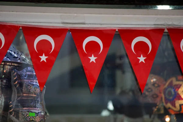 Турецька Національних Прапорів Формі Трикутника Прикріплені Мотузки — стокове фото