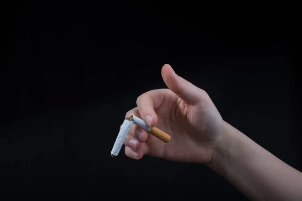 Hand Breaking Cigarette Black Background — Stock Photo, Image