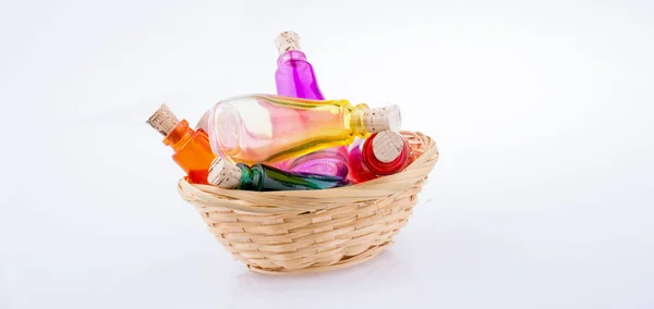 Set Empty Small Transparent Bottles Straw Basket — Stock Photo, Image