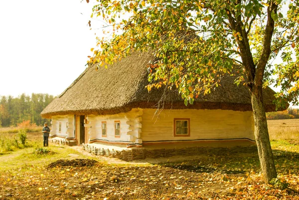 Традиционный Украинский Сельский Коттедж Соломенной Крышей — стоковое фото