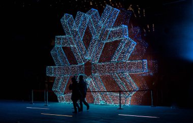 Dışarıdaki bir duvarda büyük beyaz kar tanesi modeli.