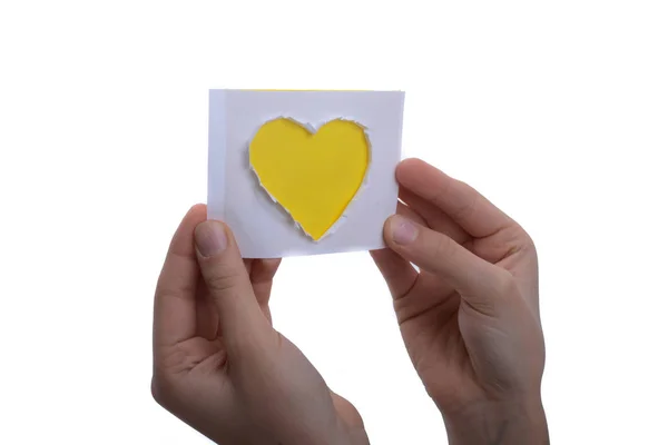 Hand Holding Yellow Heart Shape Paper Cut Out Paper White — Stock Photo, Image
