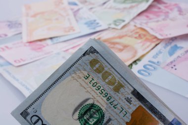 Amerikan Doları banknot ve Turksh Lirası banknot beyaz arka plan üzerinde yan yana