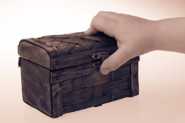 Beyaz arka planda kahverengi ahşap bir bavulu tutan el.