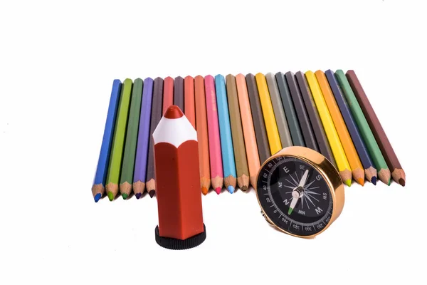 Kleurpotlood Met Kompas Pen Witte Achtergrond — Stockfoto