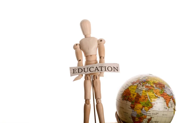 Wooden Man Holding Education Sign Standing Front Globe White Background — Stock Photo, Image