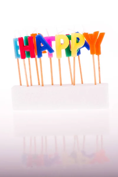 Color Candles Sticks Write Word Happy — Stock Photo, Image