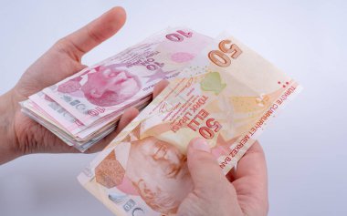 Turksh Lirası banknotlar beyaz arka plan üzerinde tutan el