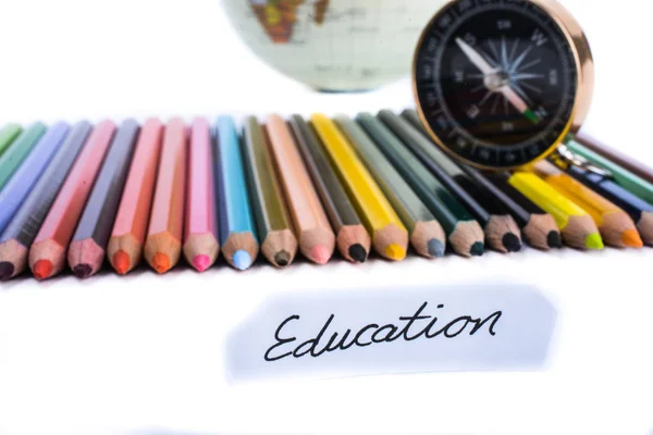 Colour Pencils Globe Compass Education Note Them White Background — Stock Photo, Image