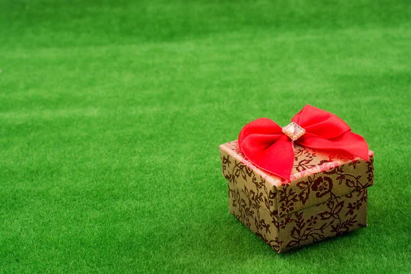Gift Box Red Ribbon Green Grass — Stock Photo, Image