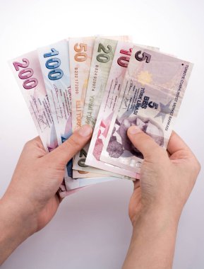 Turksh Lirası banknotlar beyaz arka plan üzerinde tutan el
