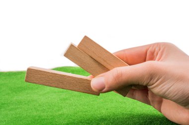 Tahta domino taşları yeşil çimlerde