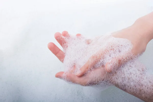 Lavage Des Mains Mousse Savon Sur Fond Mousseux — Photo