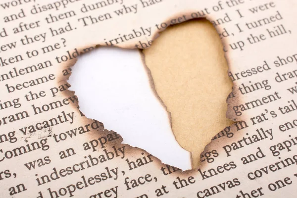Heart Shape Hole Burnt Texted Paper — Stock Photo, Image