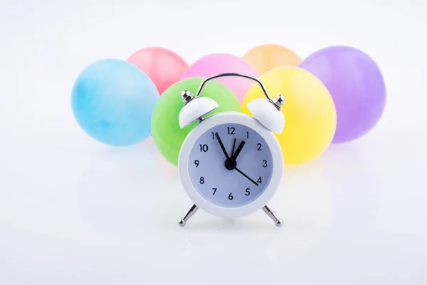 Alarm Clock Colorful Small Balloons White Background — Stock Photo, Image