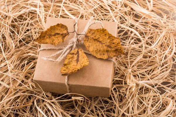 Hojas Caídas Otoño Una Caja Regalo —  Fotos de Stock