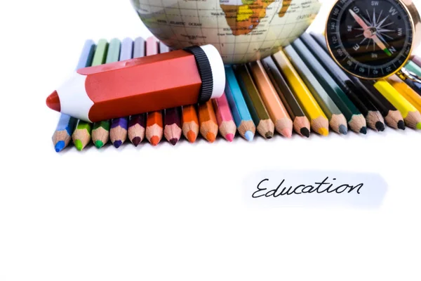 Colour Pencils Globe Compass Education Note Them White Background — Stock Photo, Image