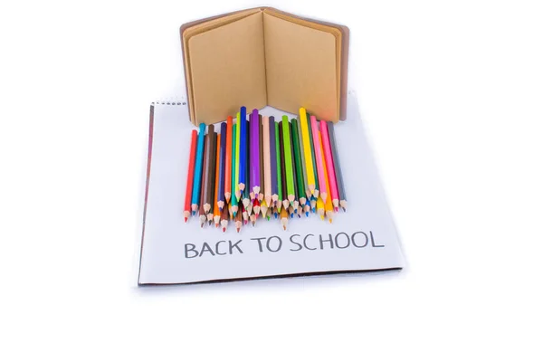 Lápices Colores Vuelta Título Escuela Cuaderno — Foto de Stock