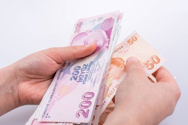 Turksh Lirası banknotlar beyaz arka plan üzerinde tutan el