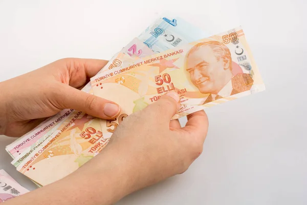 Billetes Turksh Lira Mano Sobre Fondo Blanco — Foto de Stock