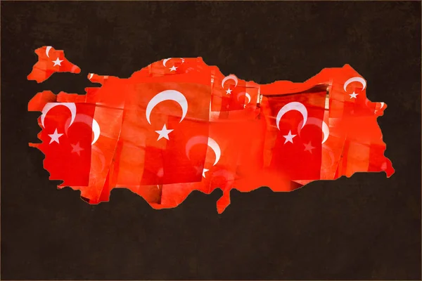 Flagi Tureckie Białą Gwiazdą Księżycem Tureckiej Mapie — Zdjęcie stockowe