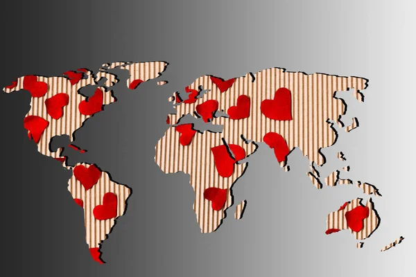 Περίπου σκιαγράφησε τον κόσμο χάρτη με καρδιακά σχήματα σφραγίσματα — Φωτογραφία Αρχείου