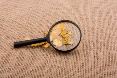 Büyüteç ve bol miktarda sahte altın paralar