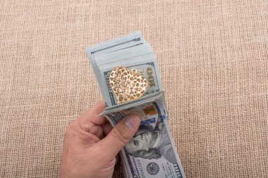 Bir dize üzerinde bir kalp ile dolar banknotlar