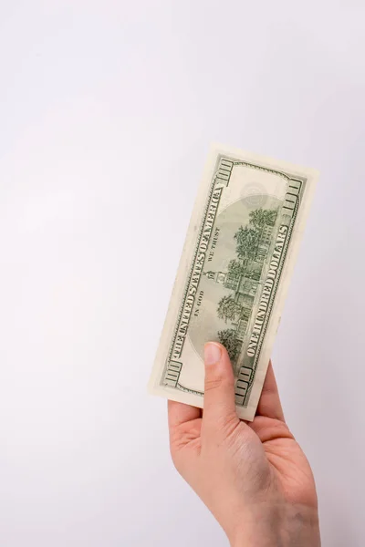 Person Holding American Dollar Banknote White Background — 스톡 사진