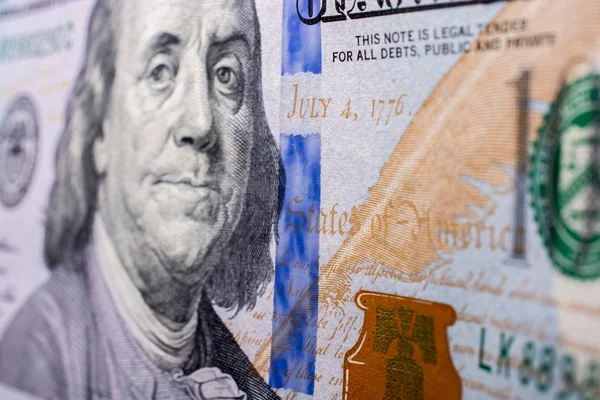 Close up of Benjamin Franklin face on US dollar — Stock Photo, Image