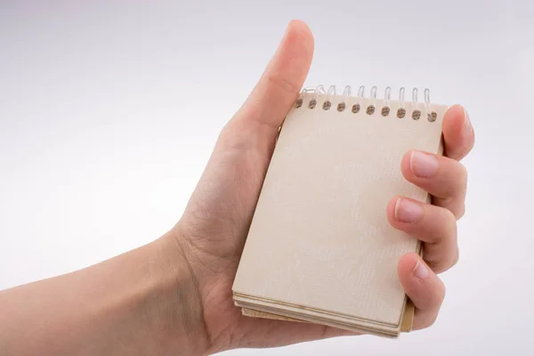 Mão Segurando Caderno Espiral Fundo Branco — Fotografia de Stock
