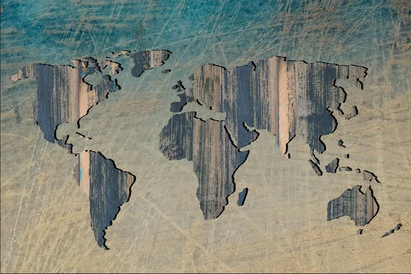 Ruwweg geschetst wereldkaart met houten vulling — Stockfoto