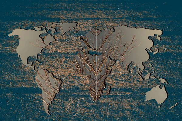 Mapa del mundo esbozado con hojas secas de otoño relleno — Foto de Stock