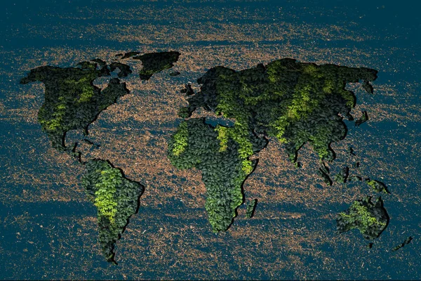 Roughly outlined world map with green plants filling