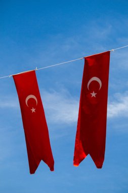 Gökyüzünde beyaz yıldız ve ay olan Türk ulusal bayrakları