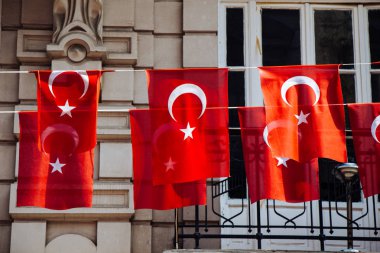 Gökyüzünde beyaz yıldız ve ay olan Türk ulusal bayrakları