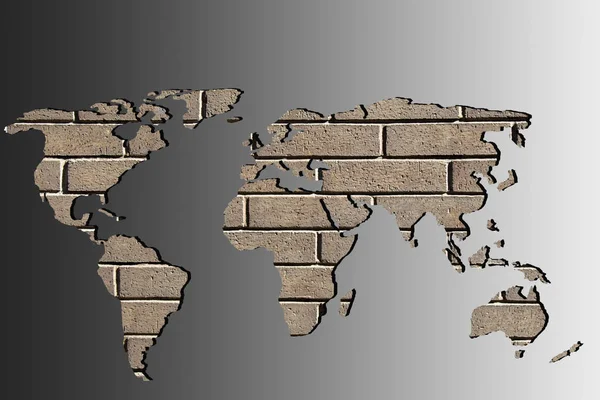 Carte du monde approximativement esquissée avec garnitures murales en briques — Photo