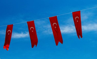 Gökyüzünde beyaz yıldız ve ay olan Türk ulusal bayrakları