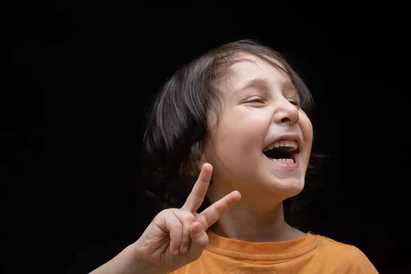 Cheerful little boy with Victory Hand Sign as Victory concept — Stock Photo, Image