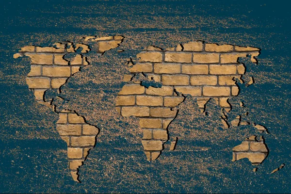 Mappa del mondo grossolanamente abbozzata con otturazioni murarie in mattoni — Foto Stock