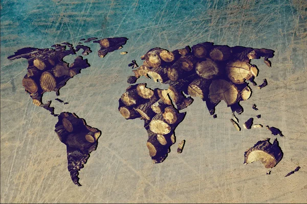 Грубо промальована карта світу з дерев'яною начинкою — стокове фото