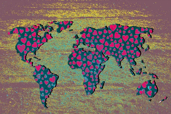 Roughly outlined world map withheart shapes fillings